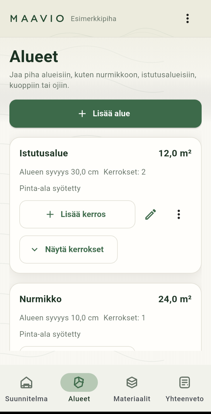 Pihan alueen määrittäminen Maavio-sovelluksessa.