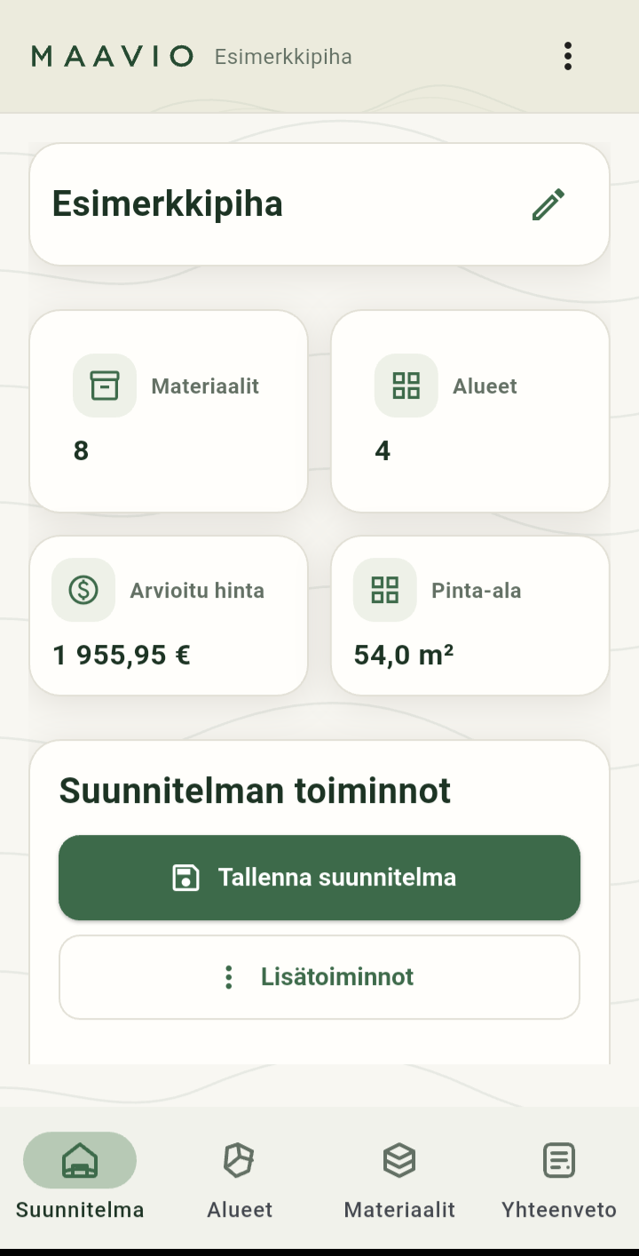 Maavion Suunnitelma-näkymä, jossa näkyvät pihaprojektin alueet ja materiaalit.